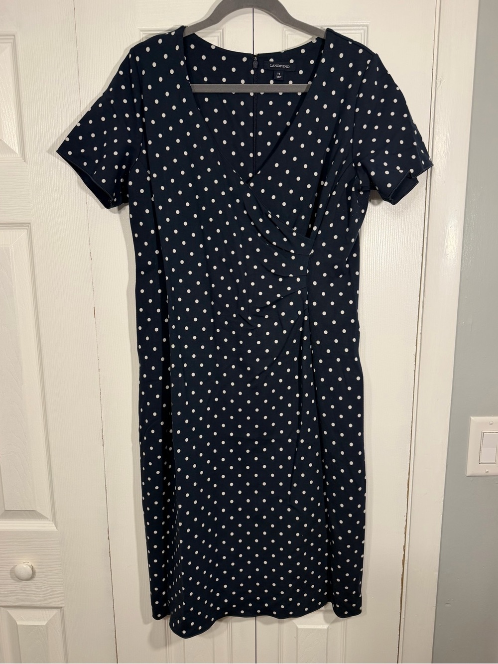 Lands’ End Polka Dot Ruched Dress 14 Navy White